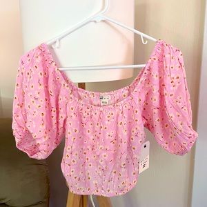 NWT Billabong Floral Cropped Top On/Off Shoulder Pink 1/2 Puff Sleeve